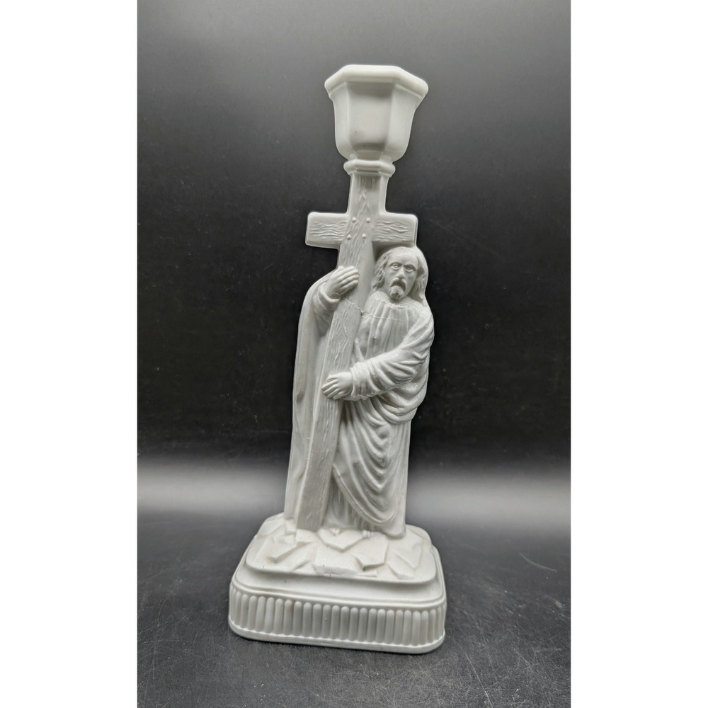 Challinor Taylor & Company White‎ Milk Glass Jesus Cross Figural Candlestick